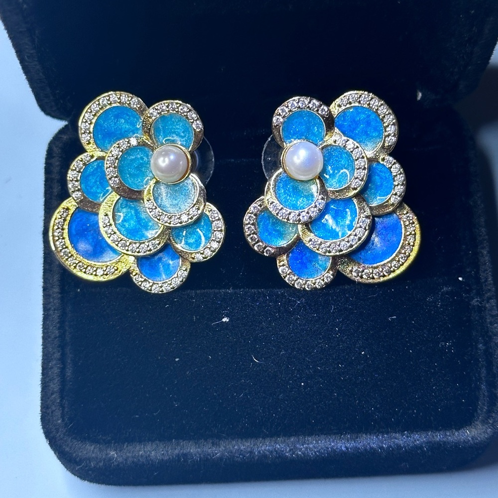 Gold Over 925 Sterling Silver Blue Enamel Floral Earrings,Handcrafted In Italy
